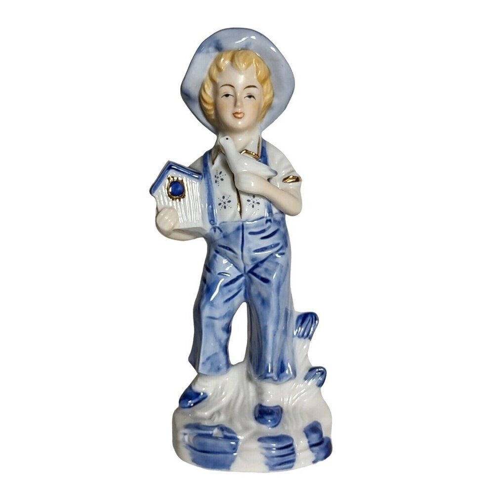 Vintage Figurine Porcelain Little Farm Boy Hat Bird House Dove White Blue Gold
